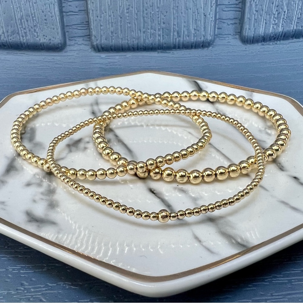 π Set of 2mm 3mm 4mm 14k Gold Filled Beaded Stretch Bracelets - Picture 1 of 9